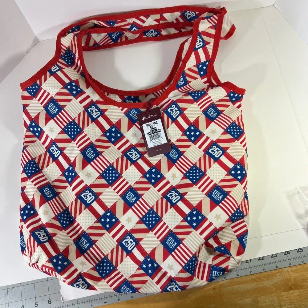 Montana West USA 250th Anniversary Flag Patchwork Tote Bag Red White Blue NWT